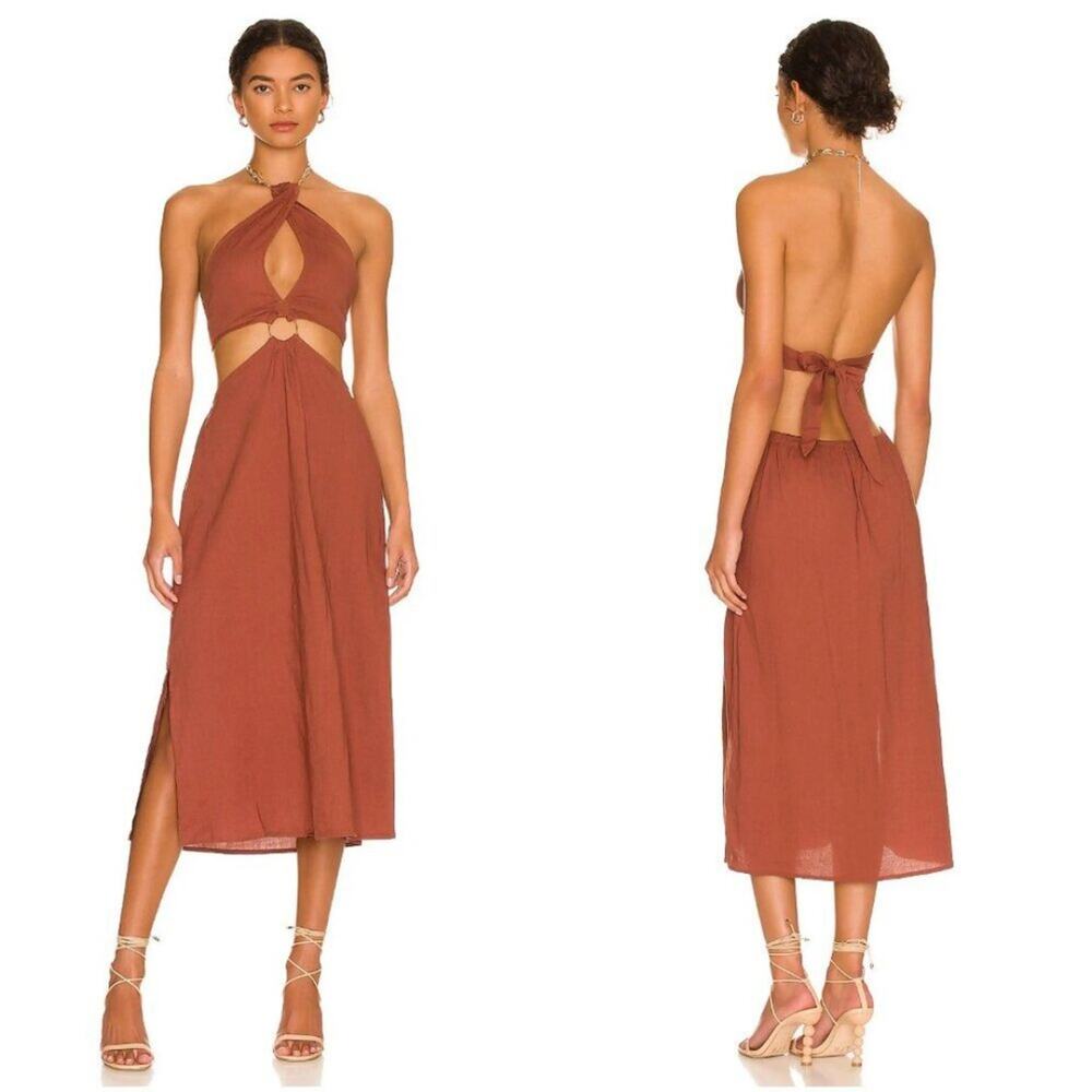 WeWoreWhat Brown Shell Chain Halter Beach Resort Linen Midi Dress Size Medium